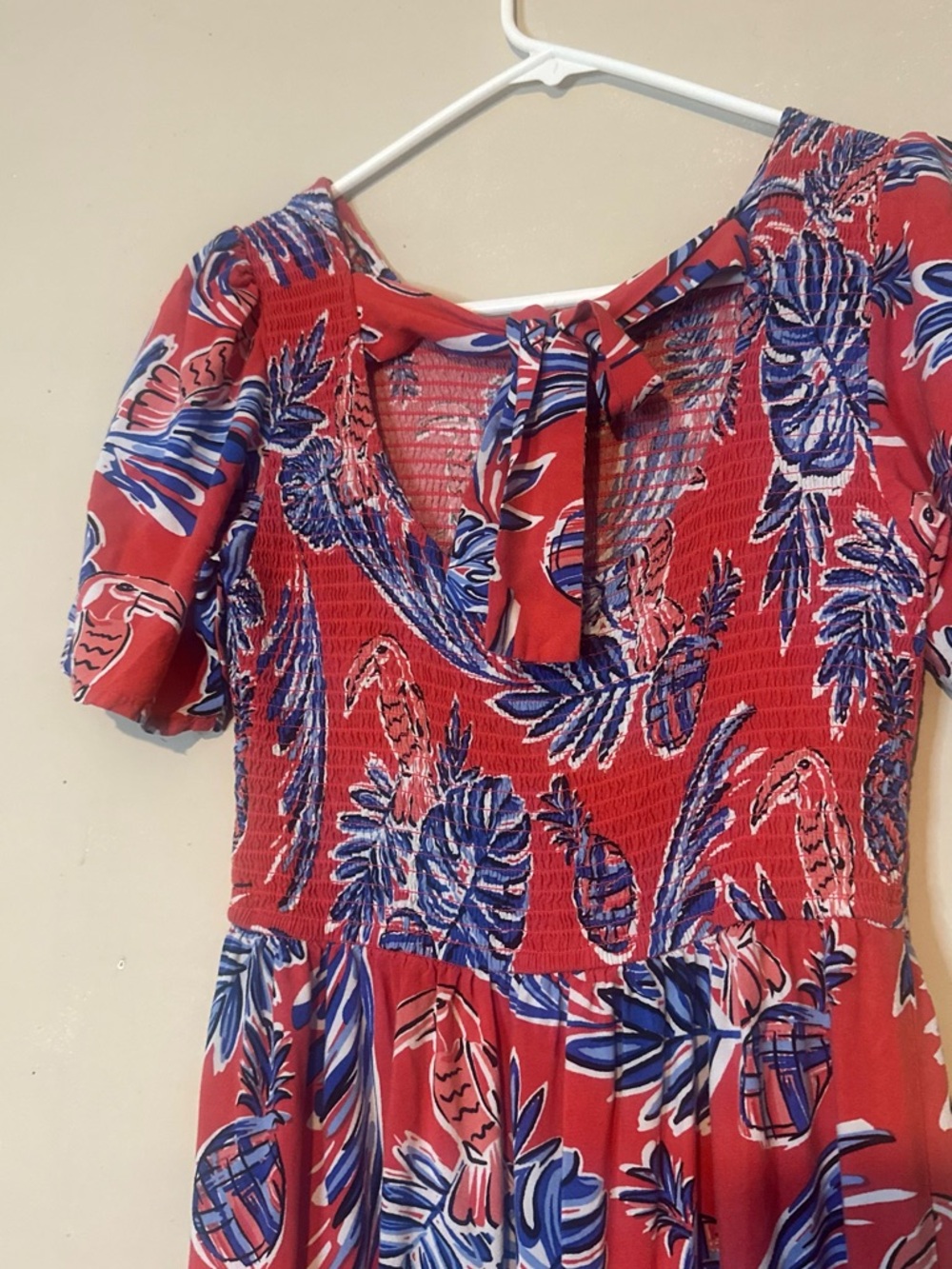 Red Tropical Print Dress with Blue Leaf Pattern - Picture 4 of 6